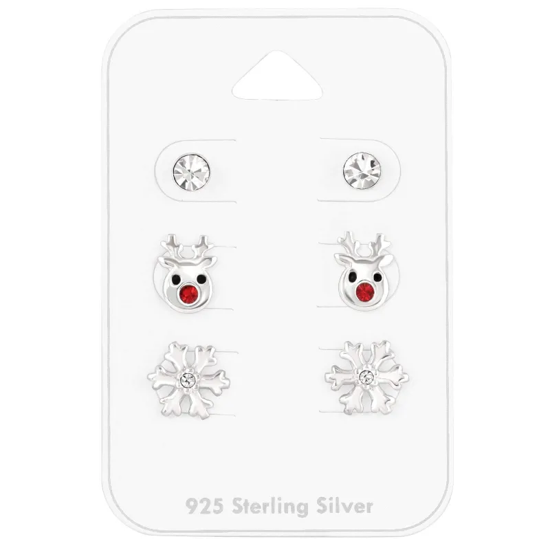 Ag Sterling Set of 3 Christmas Stud Earrings – Clear CZ, Red-Nosed Reindeer & Snowflake made by Zulily