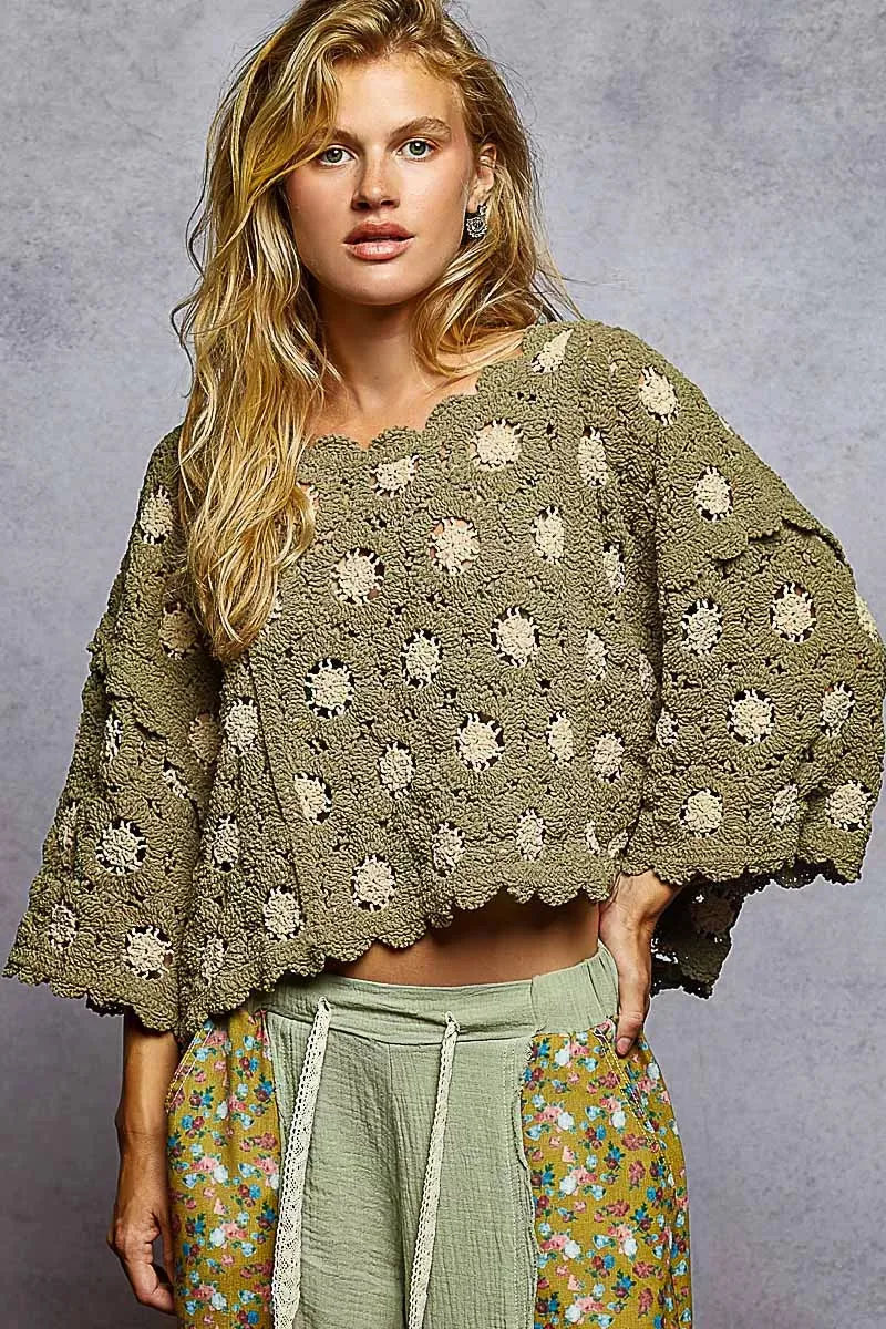 POL Contrast Crochet Cropped Knit Top sold by Zulily product image thumbnail 2