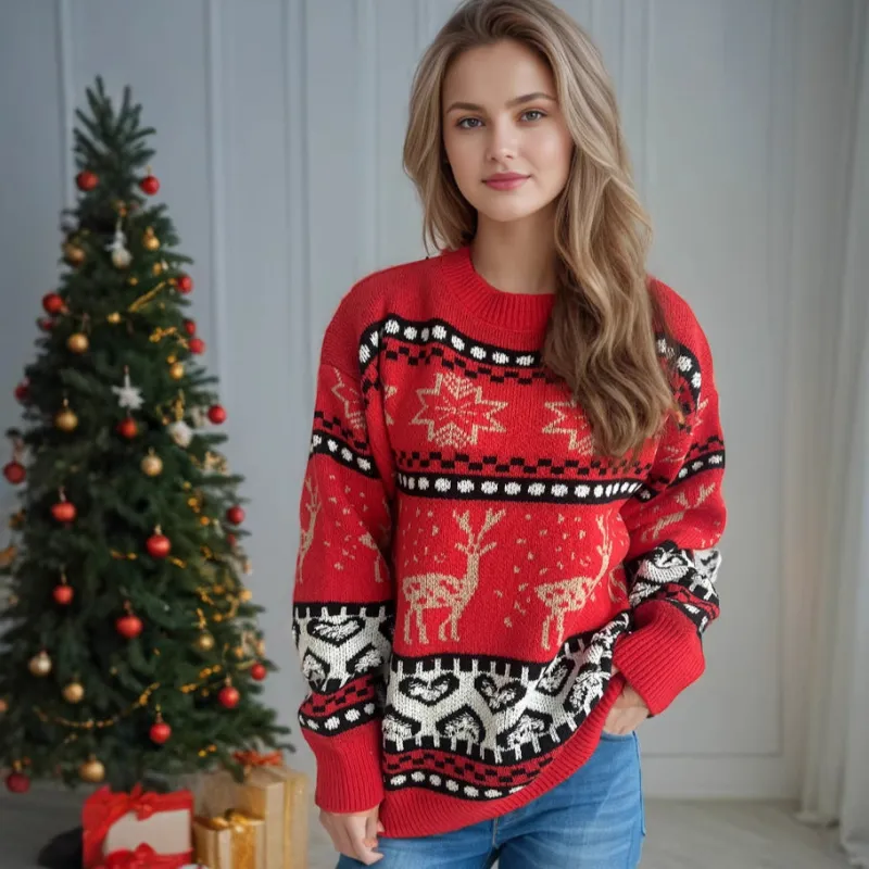 Women’s Red Deer Christmas Sweater | Jacquard Knit Long Sleeve Pullover made by Zulily