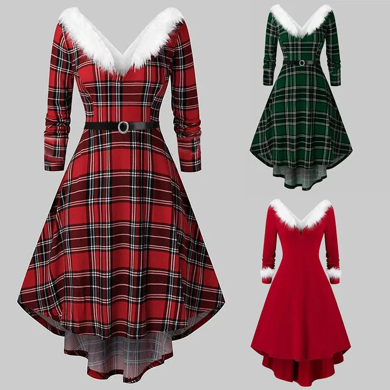 Christmas Women’s Fur Patchwork V-Neck Long-Sleeved Dress made by Zulily