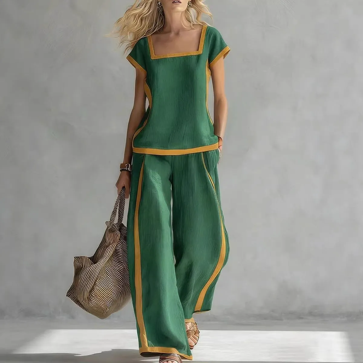 Women’s Square Neck Short Sleeve Two Piece Pants Set sold by Zulily product image thumbnail 3