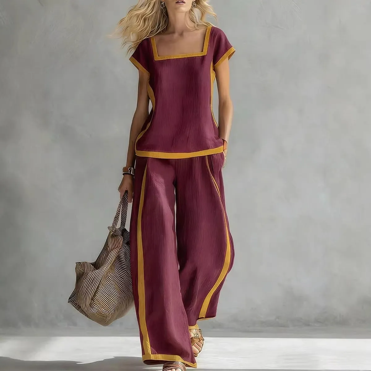 Women’s Square Neck Short Sleeve Two Piece Pants Set sold by Zulily product image thumbnail 4