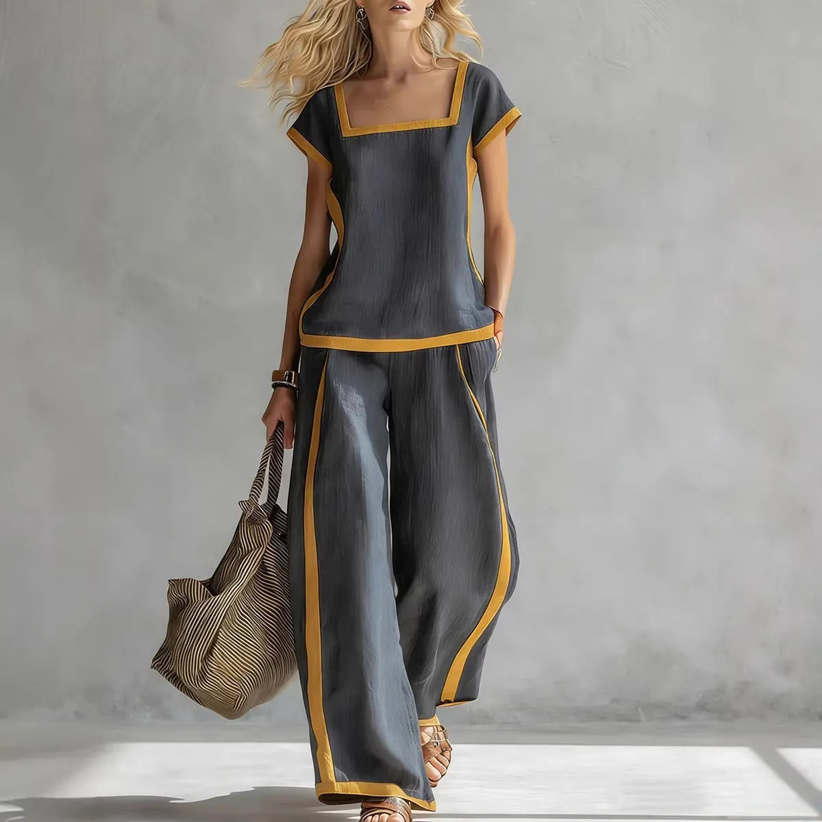 Women’s Square Neck Short Sleeve Two Piece Pants Set sold by Zulily product image thumbnail 2