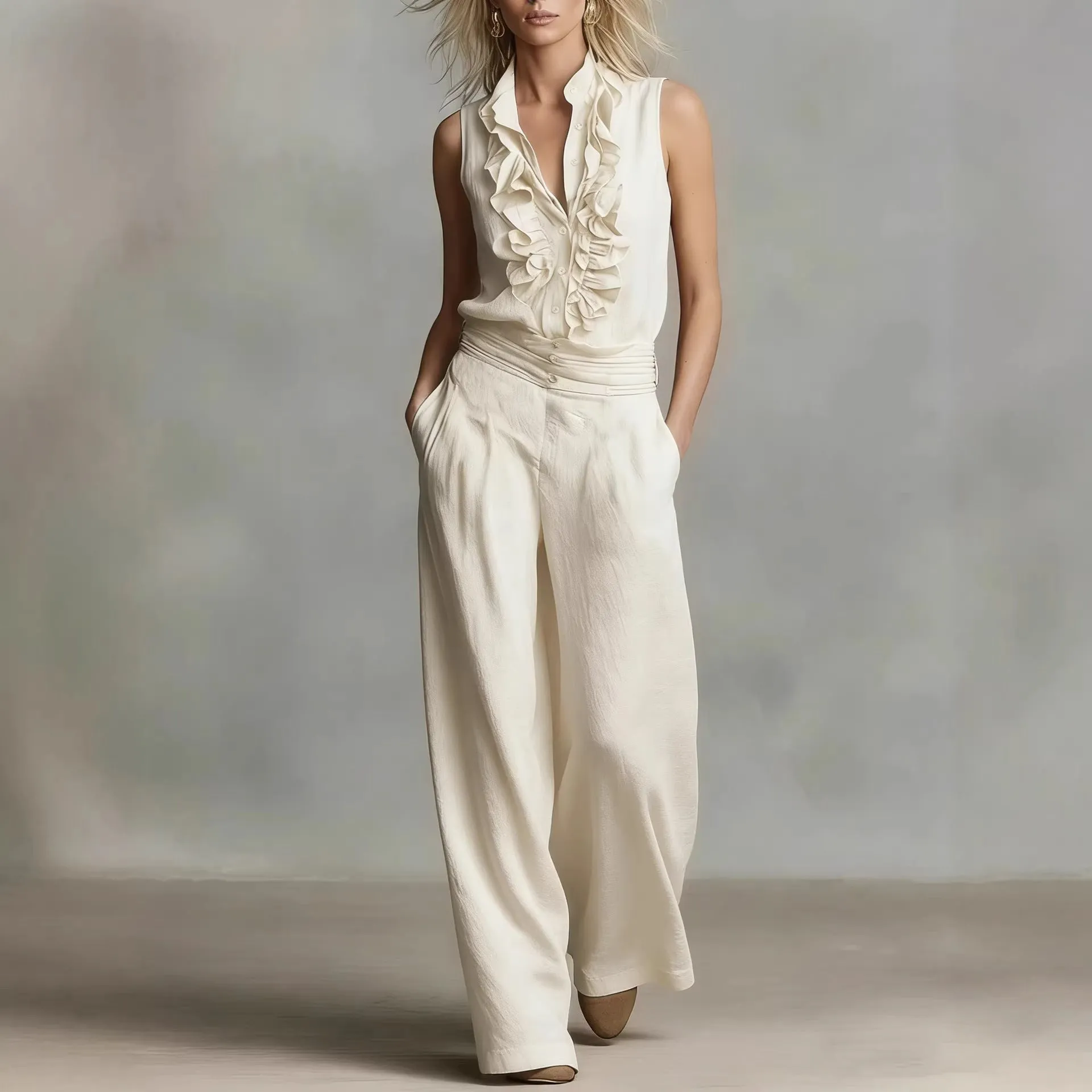 Women’s Linen Blend Two-Piece Set – Sleeveless Shirt & Wide-Leg Pants sold by Zulily product image thumbnail 4