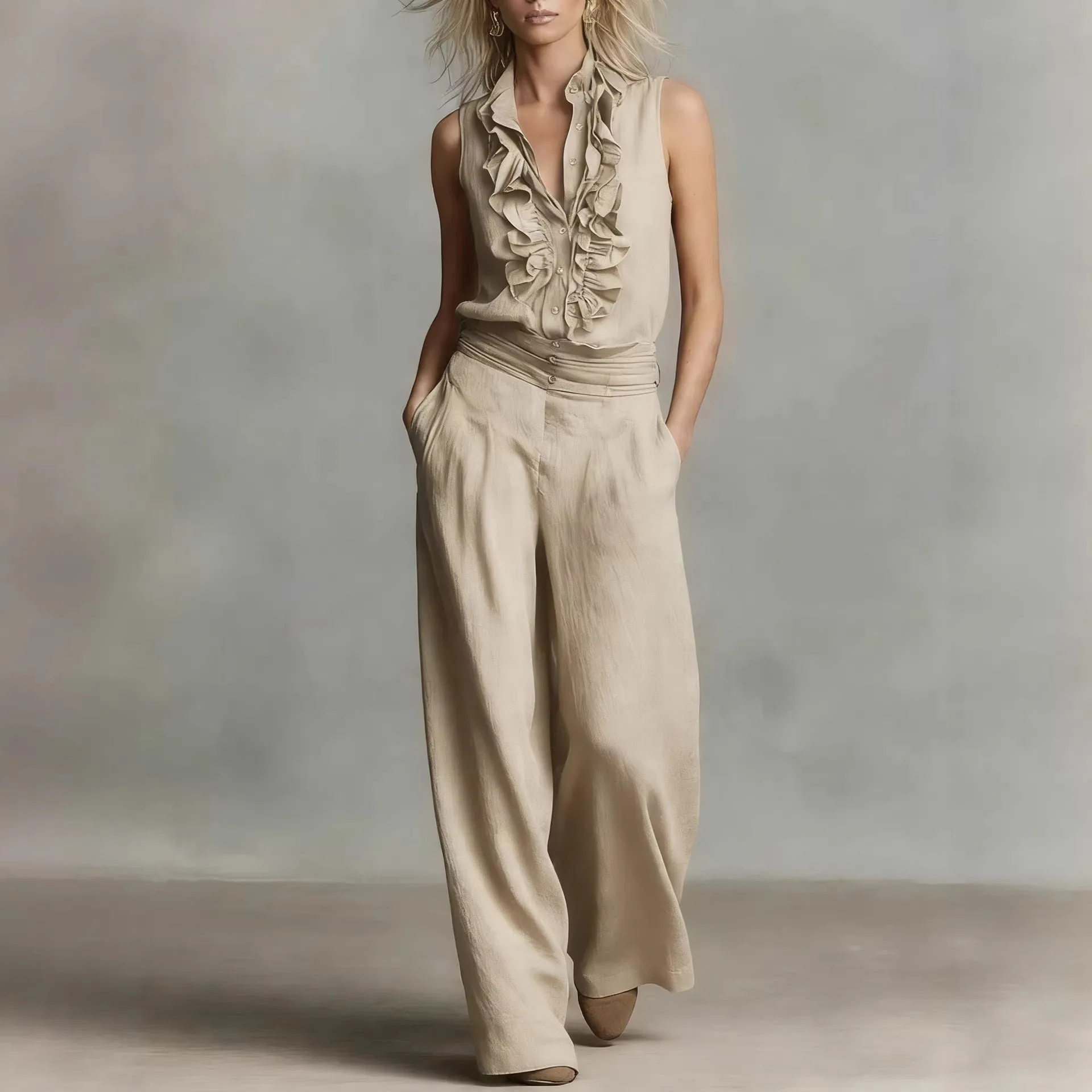 Women’s Linen Blend Two-Piece Set – Sleeveless Shirt & Wide-Leg Pants sold by Zulily product image thumbnail 5
