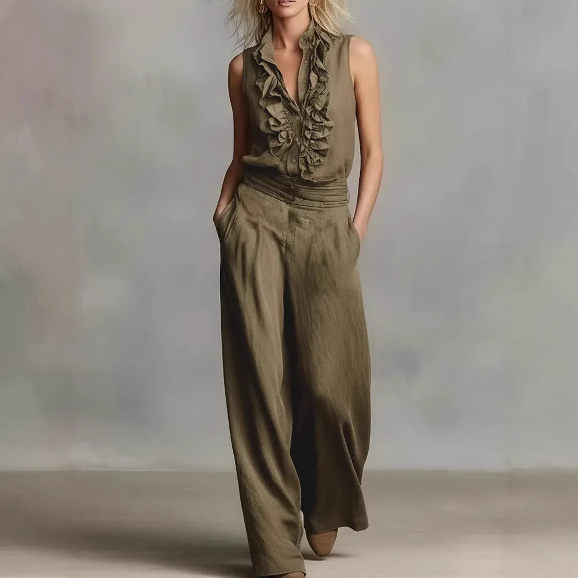 Women’s Linen Blend Two-Piece Set – Sleeveless Shirt & Wide-Leg Pants sold by Zulily product image thumbnail 2