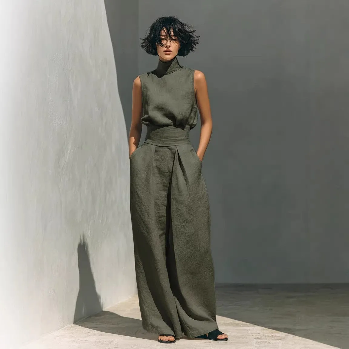 Women’s Cotton Linen Two-Piece Set – Sleeveless Top & Wide-Leg Pants sold by Zulily product image thumbnail 3