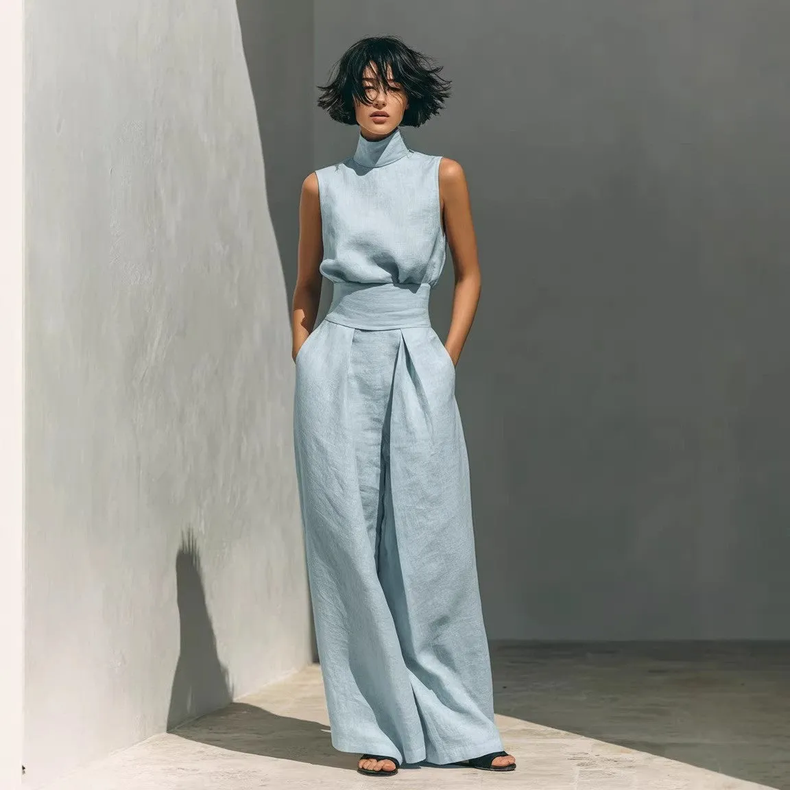 Women’s Cotton Linen Two-Piece Set – Sleeveless Top & Wide-Leg Pants sold by Zulily product image thumbnail 4