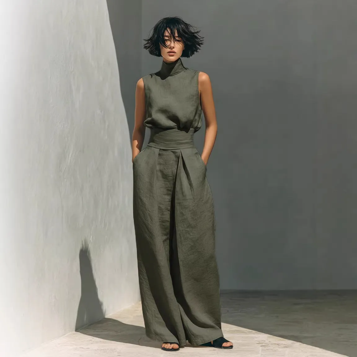 Women’s Cotton Linen Two-Piece Set – Sleeveless Top & Wide-Leg Pants sold by Zulily product image thumbnail 2