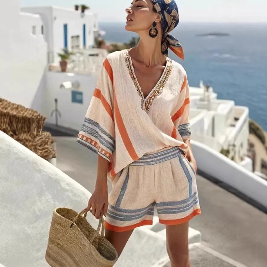 Women’s Linen Striped V Neck Top and Shorts Set sold by Zulily product image thumbnail 3