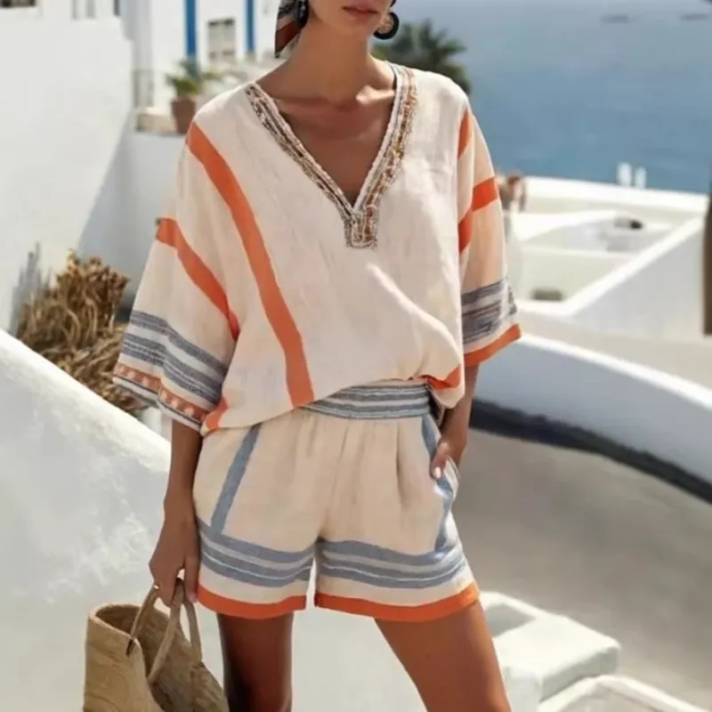 Women’s Linen Striped V Neck Top and Shorts Set made by Zulily