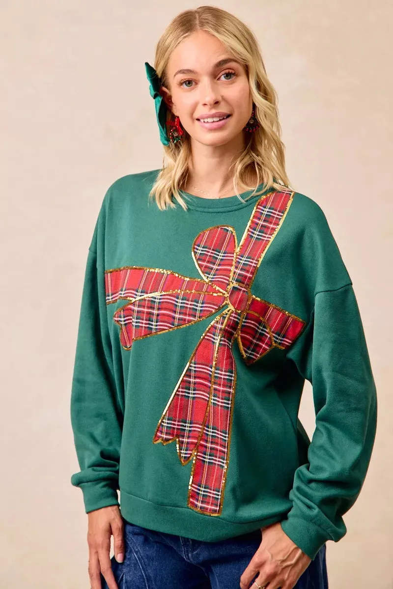 BiBi Plaid Ribbon Bow Detail Christmas Fleece Pullover sold by Zulily