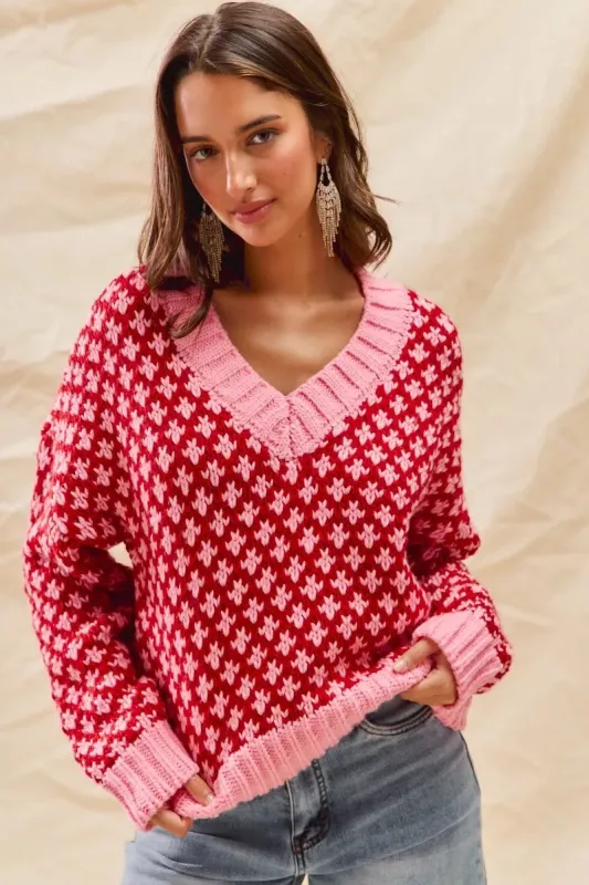 SO ME Color Block Textured Christmas Sweater V Neck Top made by Zulily