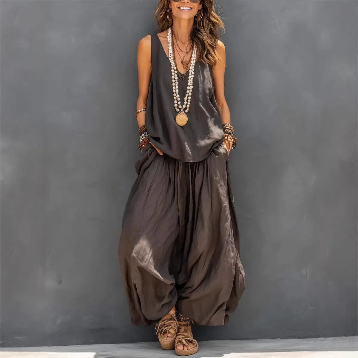 Women’s Cotton Linen Sleeveless Tank Top and Wide-Leg Pants Set sold by Zulily product image thumbnail 4