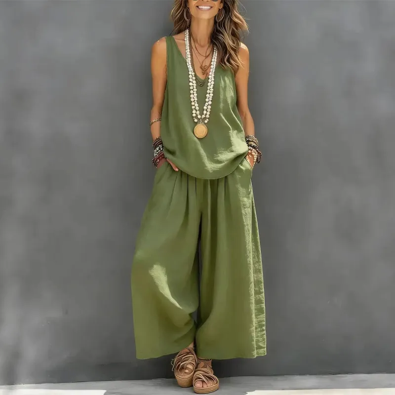 Women’s Cotton Linen Sleeveless Tank Top and Wide-Leg Pants Set made by Zulily
