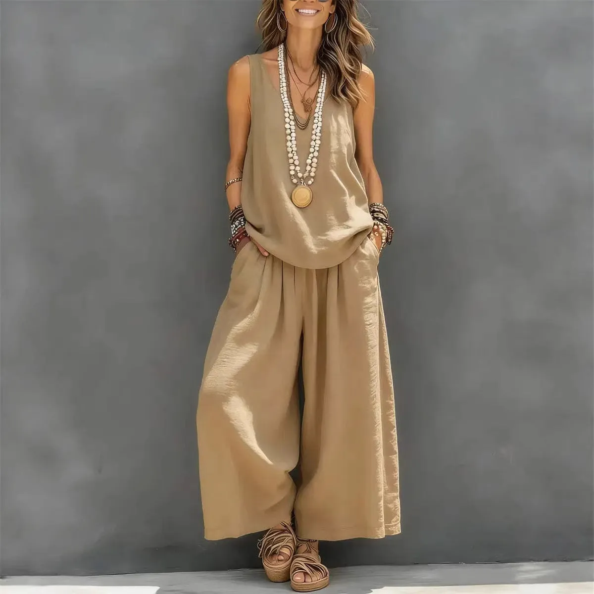 Women’s Cotton Linen Sleeveless Tank Top and Wide-Leg Pants Set sold by Zulily product image thumbnail 5
