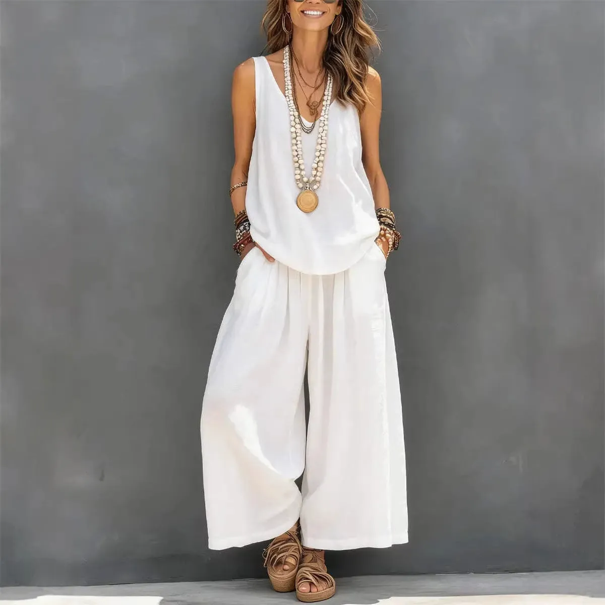 Women’s Cotton Linen Sleeveless Tank Top and Wide-Leg Pants Set sold by Zulily product image thumbnail 2