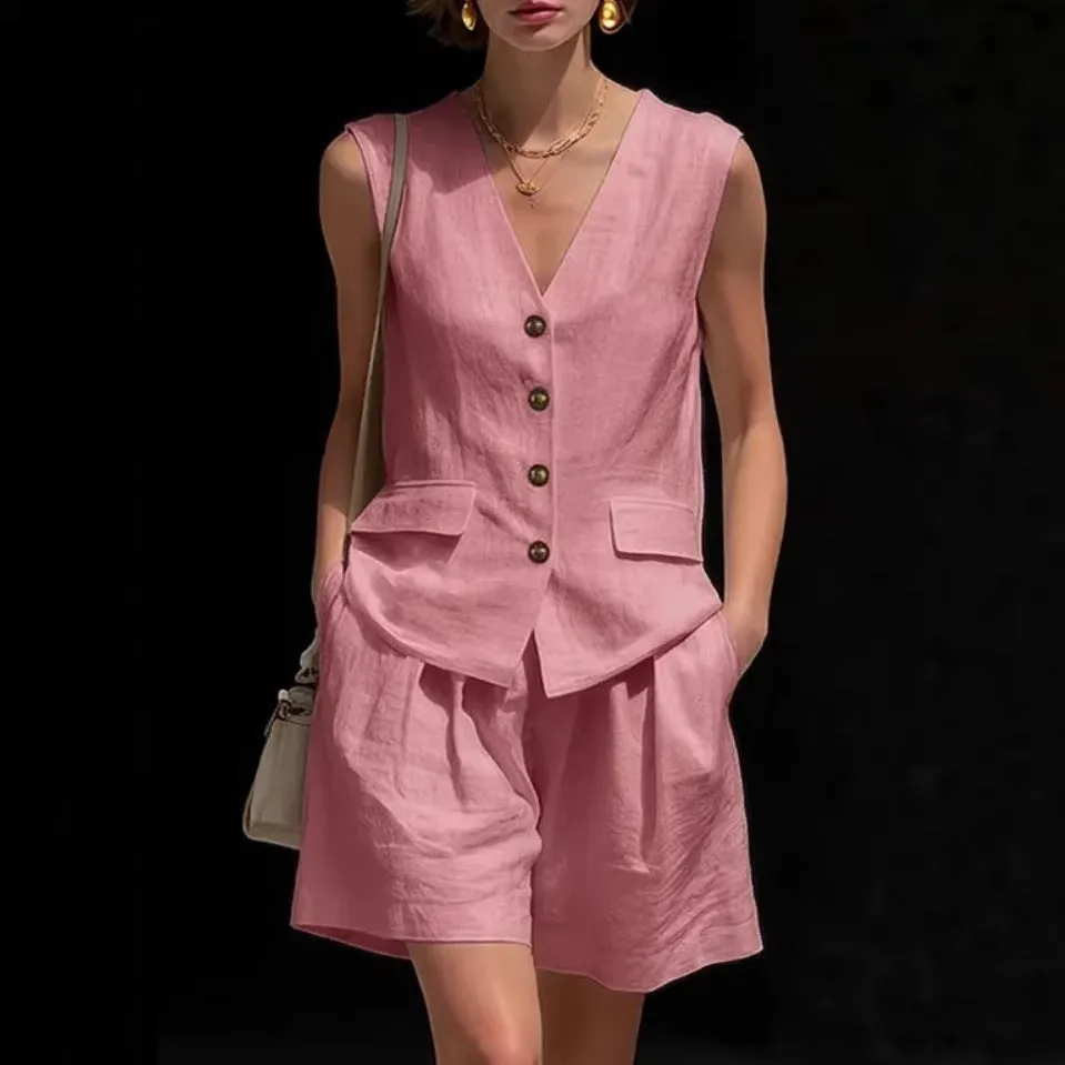 Women’s Cotton Linen Sleeveless Vest Top and Shorts Set sold by Zulily product image thumbnail 5