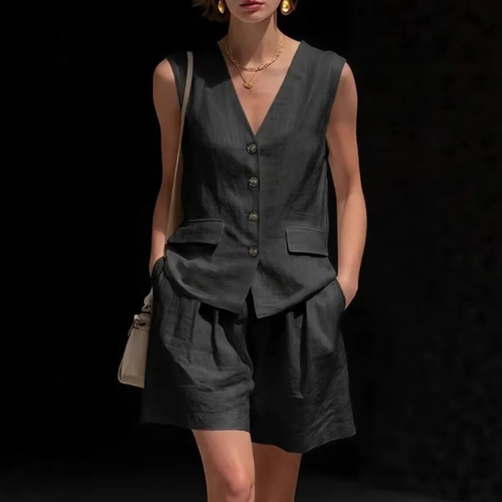 Women’s Cotton Linen Sleeveless Vest Top and Shorts Set sold by Zulily product image thumbnail 3