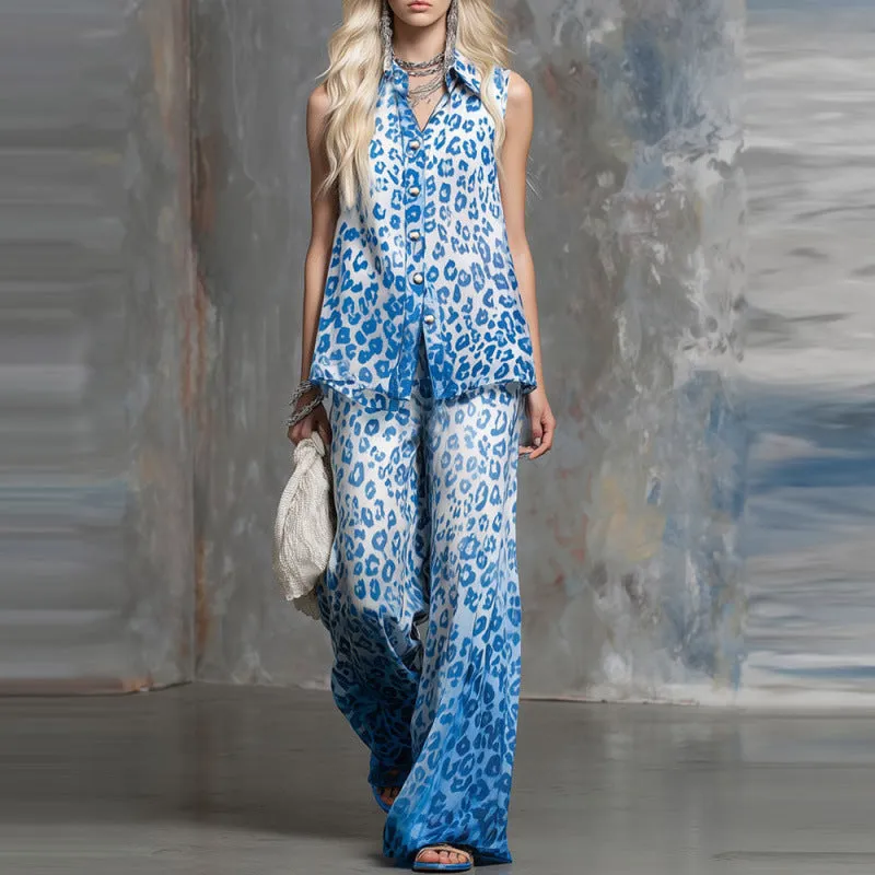 Loose-fit Leopard-print Sleeveless Shirt And Trousers Two-piece Set made by Zulily