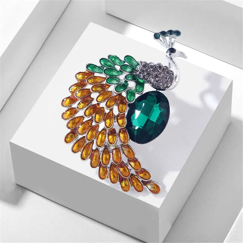 Green & Orange Crystal Peacock Brooch made by Zulily