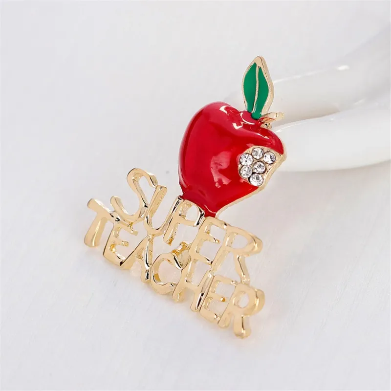 Cubic Zirconia & Enamel Goldtone 'Super Teacher' Apple Brooch made by Zulily