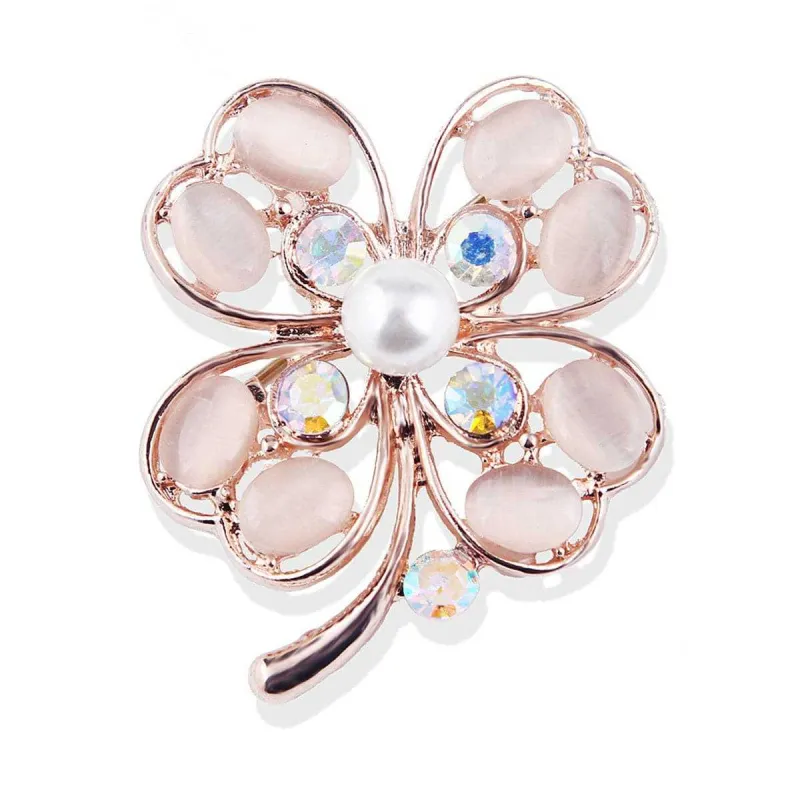 Cateye & Pearl Cubic Zirconia Goldtone Clover Brooch made by Zulily