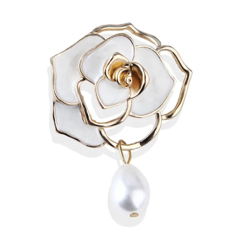 White Enamel & Pearl Goldtone Camellia Flower Brooch made by Zulily