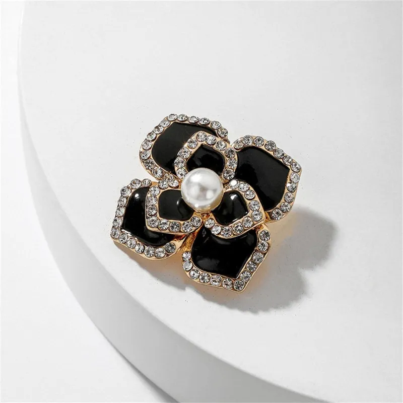 Black Enamel & Pearl Goldtone Camellia Flower Brooch made by Zulily