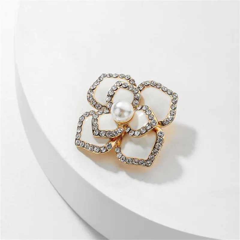Cubic Zirconia & Pearl Enamel Goldtone Camellia Brooch made by Zulily