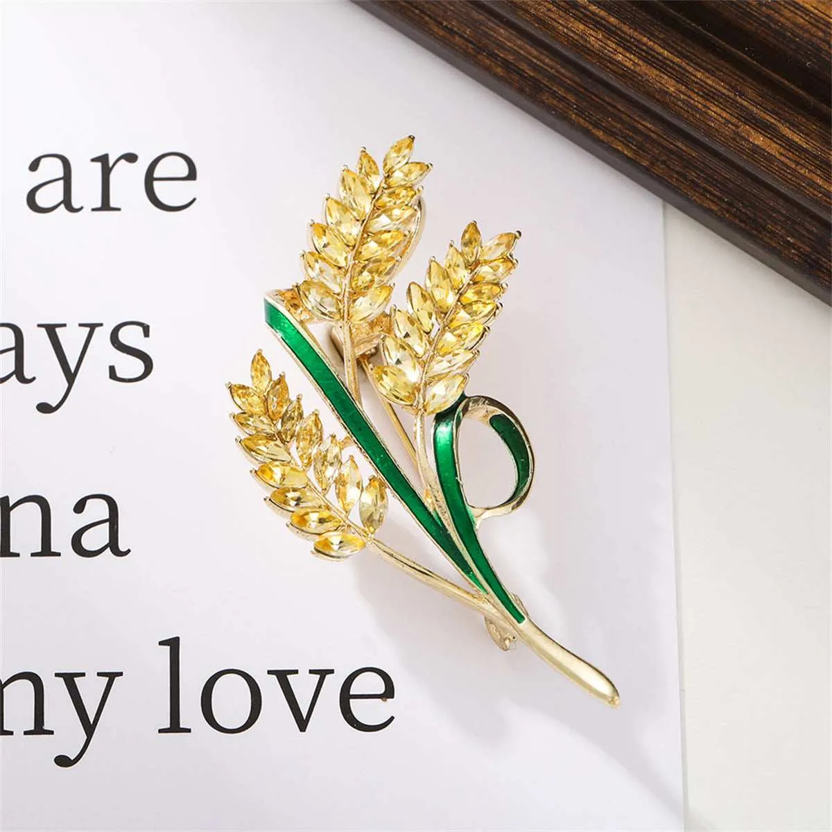 Goldtone Crystal & Green Enamel Wheat Brooch sold by Zulily product image thumbnail 3