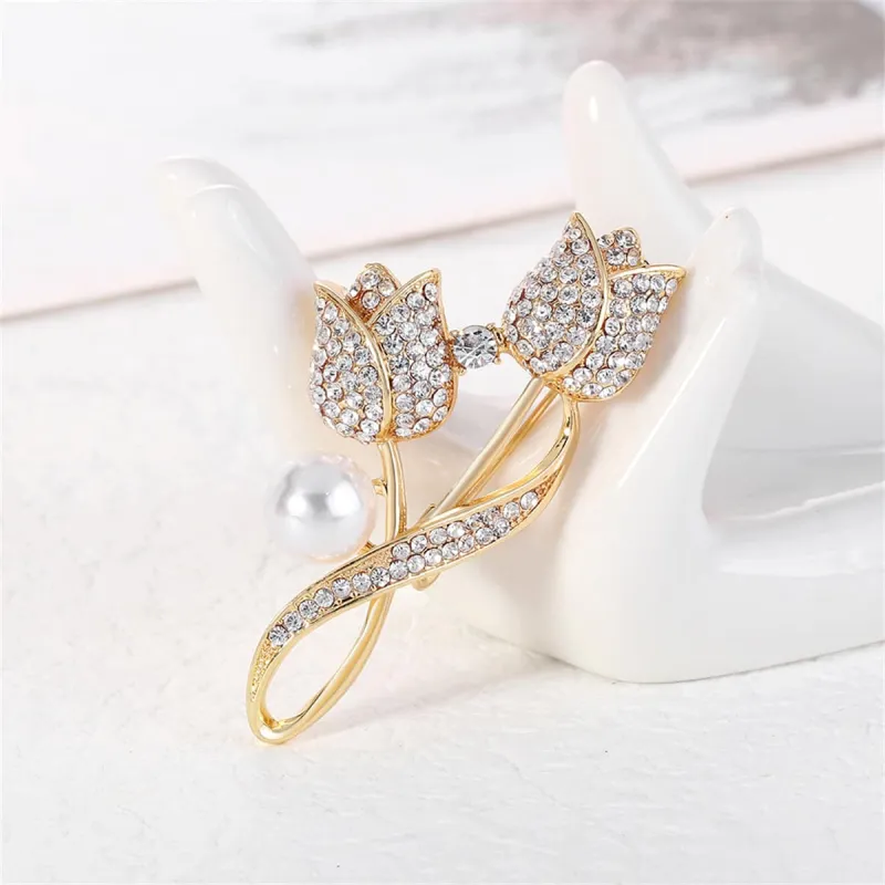 Cubic Zirconia & Pearl Goldtone Tulips Brooch made by Zulily