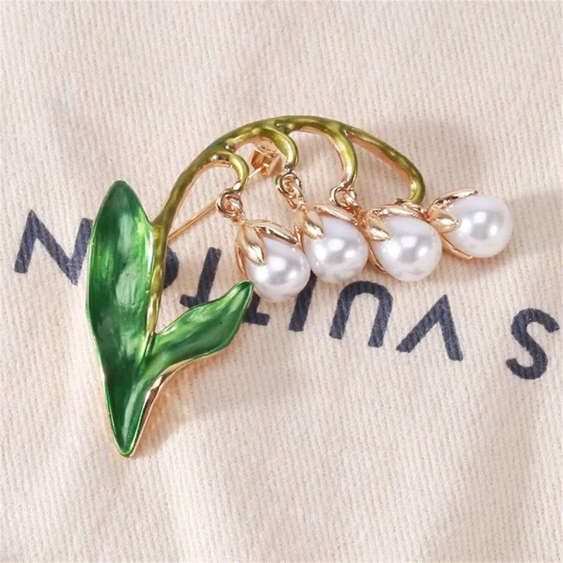 Green Enamel & Pearl Goldtone Lily of the Valley Brooch made by Zulily