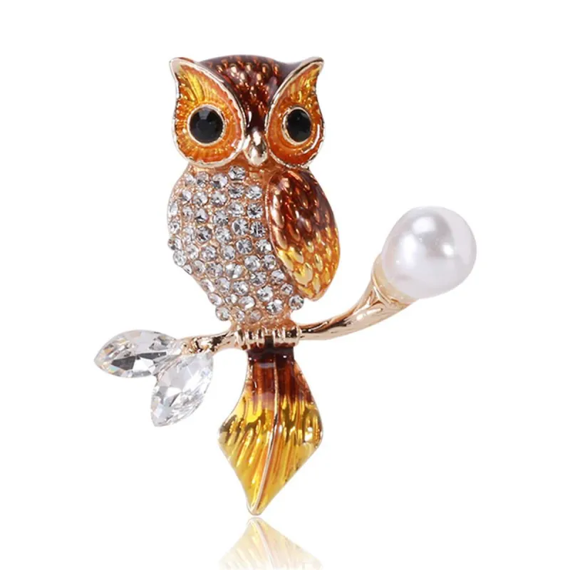 Brown Enamel & Crystal Cubic Zirconia Goldtone Owl Brooch made by Zulily