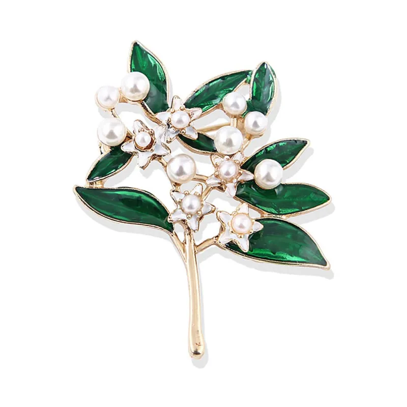Pearl & Green Enamel Goldtone Gardenia Brooch made by Zulily