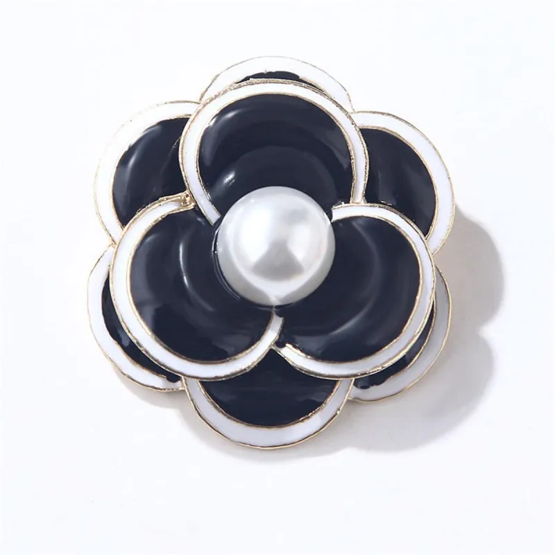 Pearl & Black Enamel Goldtone Flower Brooch made by Zulily