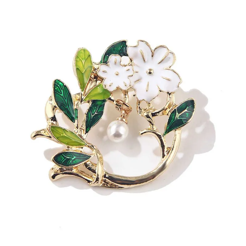Pearl & Green Enamel Goldtone Gardenia Drop Brooch made by Zulily