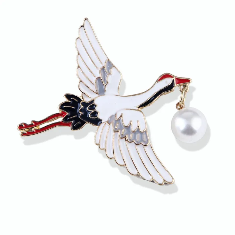 Pearl & White Enamel Goldtone Crane Brooch made by Zulily