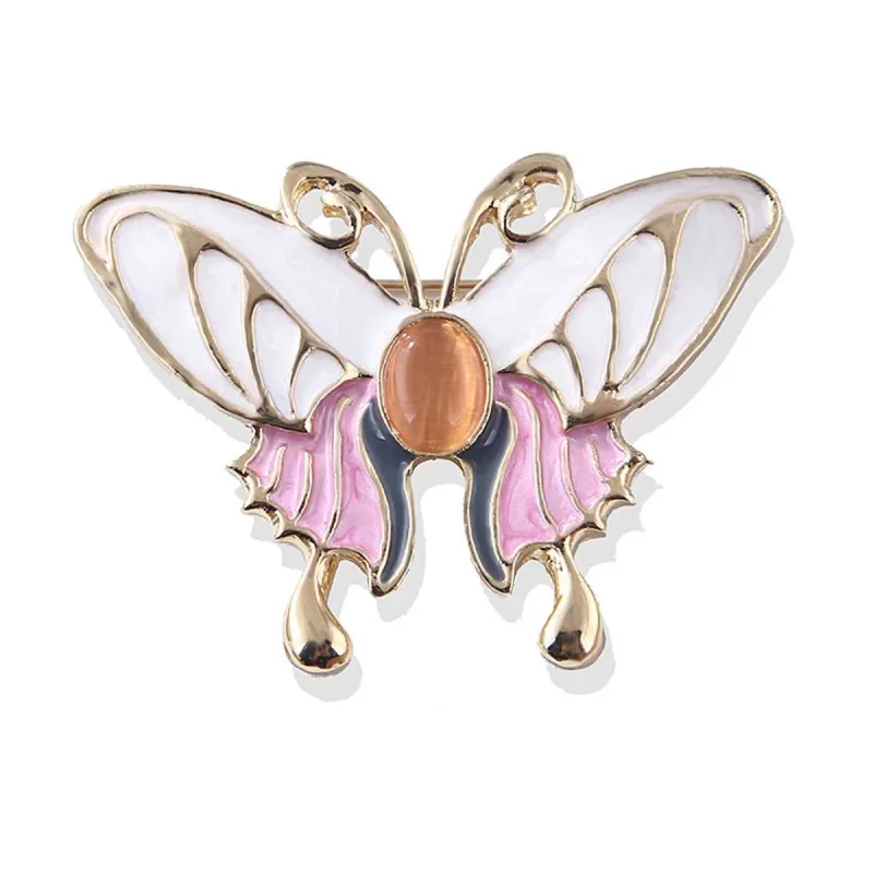 White Enamel & Cat Eye Goldtone Butterfly Brooch made by Zulily