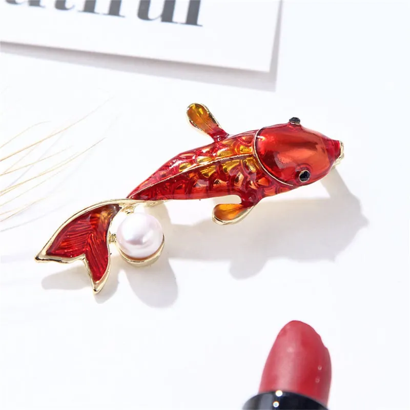 Pearl & Red Enamel Goldtone Goldfish Brooch made by Zulily