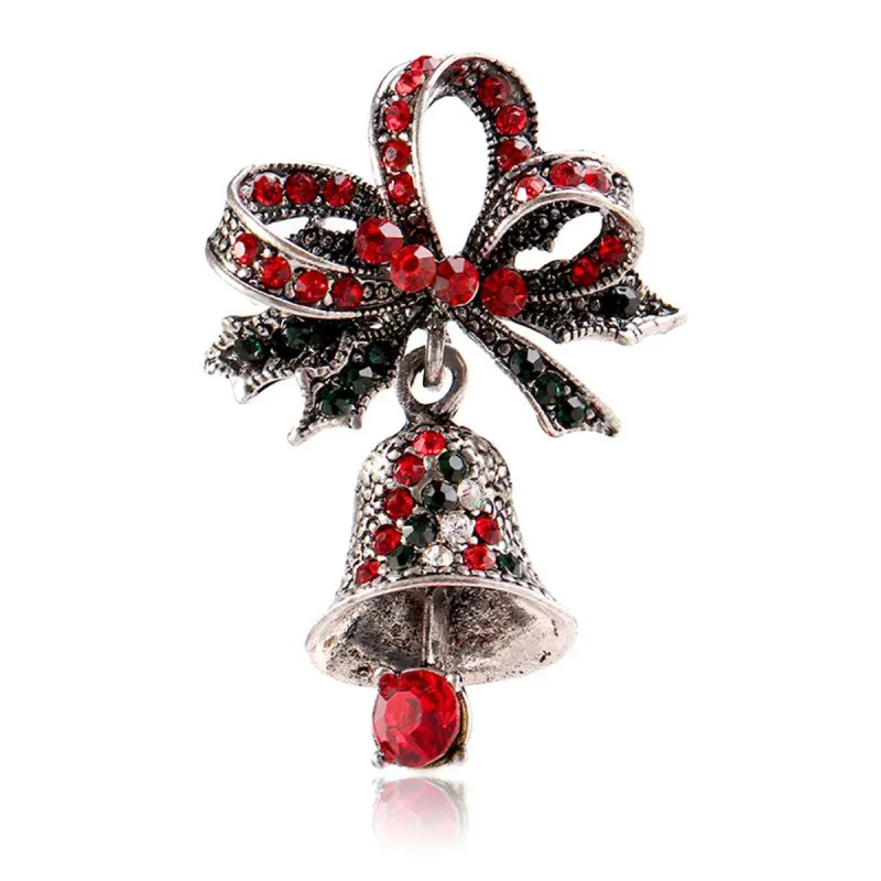 Red Cubic Zirconia & Silvertone Christmas Bow Bell Brooch made by Zulily
