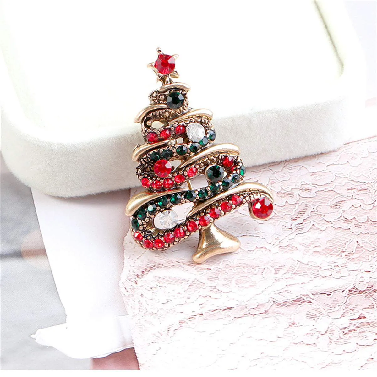 Red Cubic Zirconia & Goldtone Christmas Tree Brooch sold by Zulily product image thumbnail 4