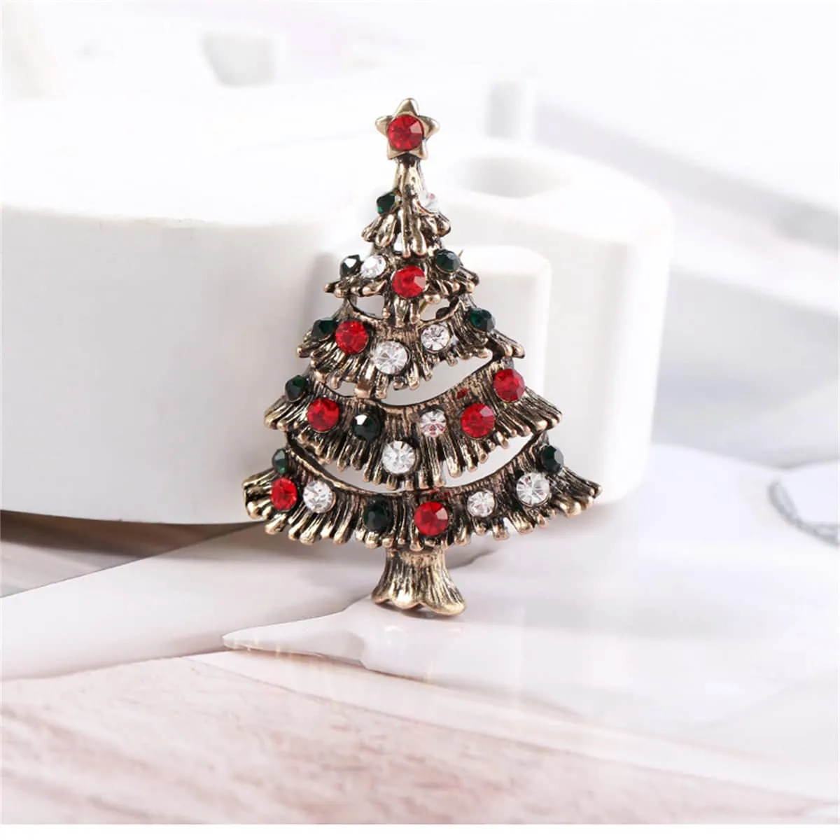 Red Cubic Zirconia & Goldtone Christmas Tree Brooch sold by Zulily product image thumbnail 2