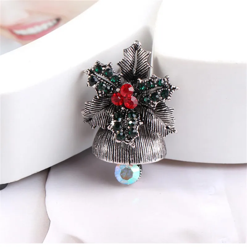 Cubic Zirconia & Silvertone Flower Christmas Bell Brooch made by Zulily