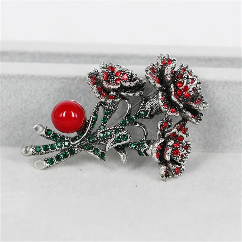 Cubic Zirconia & Red Resin Silvertone Flower Brooch made by Zulily