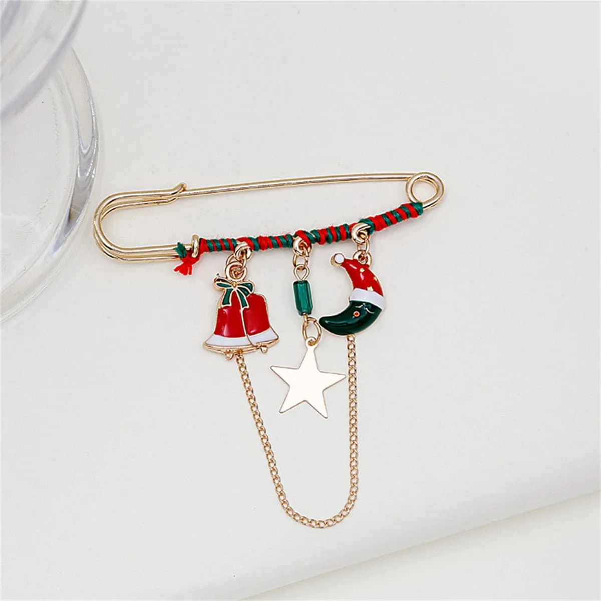 Red Enamel & Goldtone Moon & Bell Chain Pin Brooch sold by Zulily product image thumbnail 2