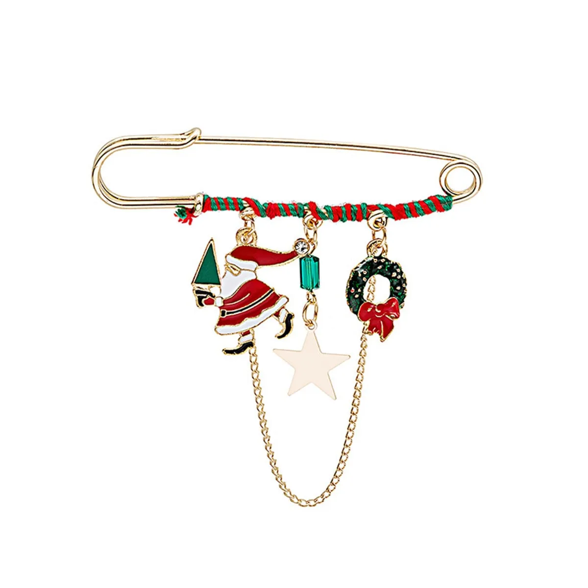 Red Enamel & Acrylic Goldtone Santa & Wreath Chain Pin Brooch sold by Zulily