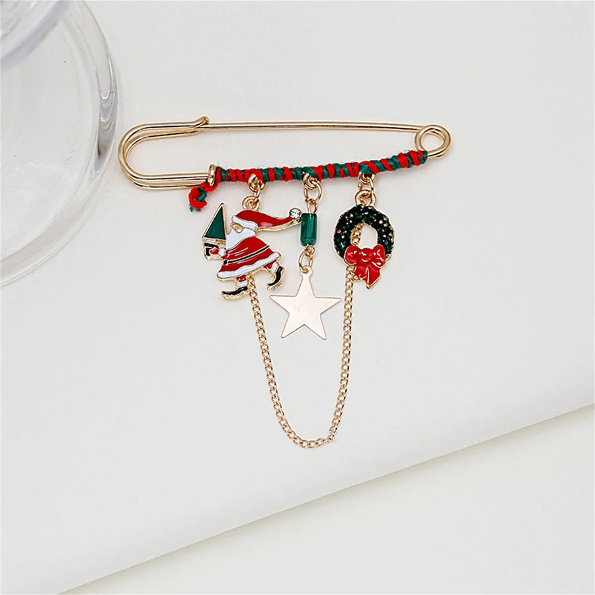 Red Enamel & Acrylic Goldtone Santa & Wreath Chain Pin Brooch sold by Zulily product image thumbnail 2