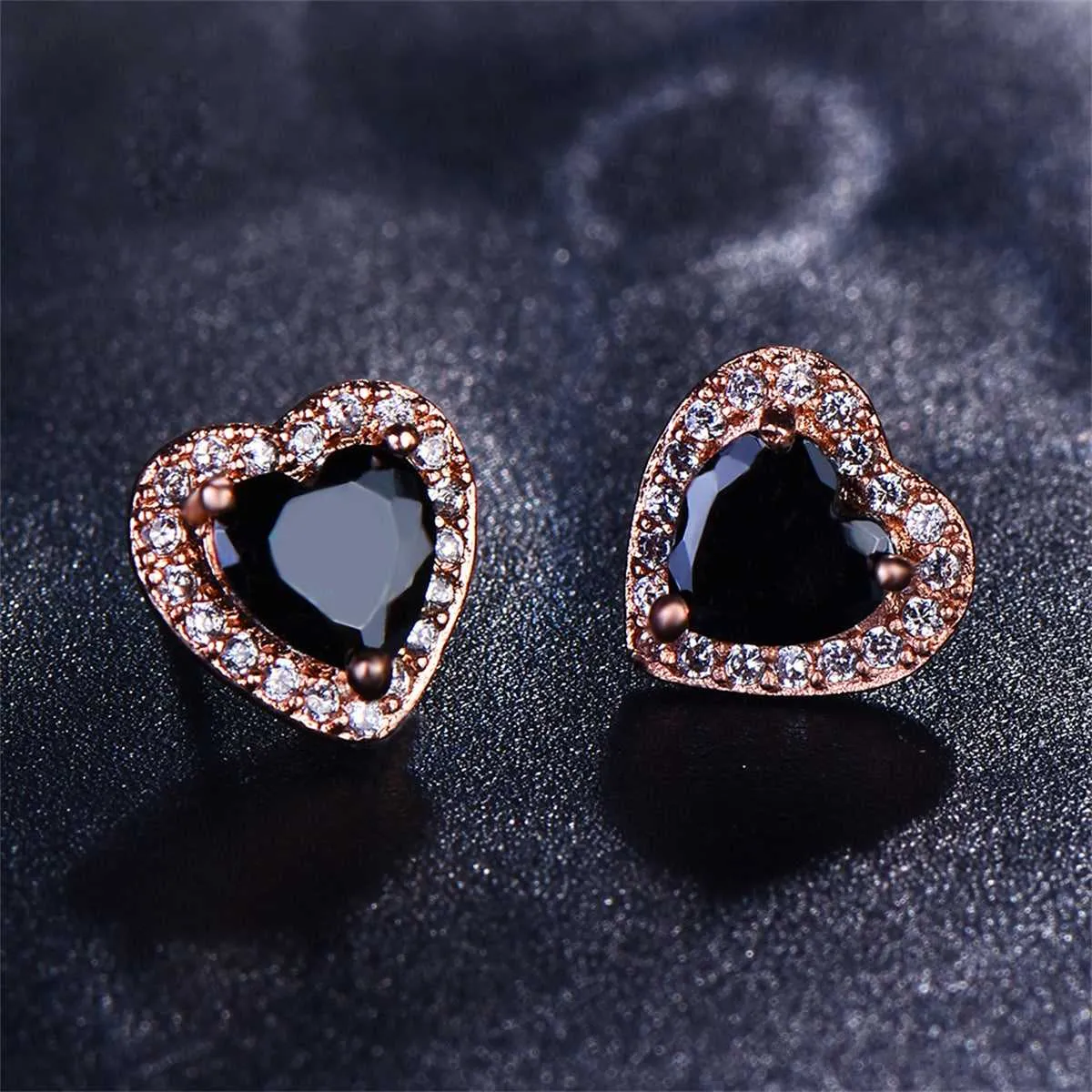 Black Crystal & Cubic Zirconia Rose Goldtone Halo Heart Stud Earrings sold by Zulily product image thumbnail 2