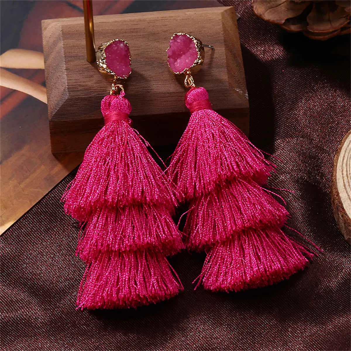 Rose Tri-Layered Tassel Drop Earrings sold by Zulily
